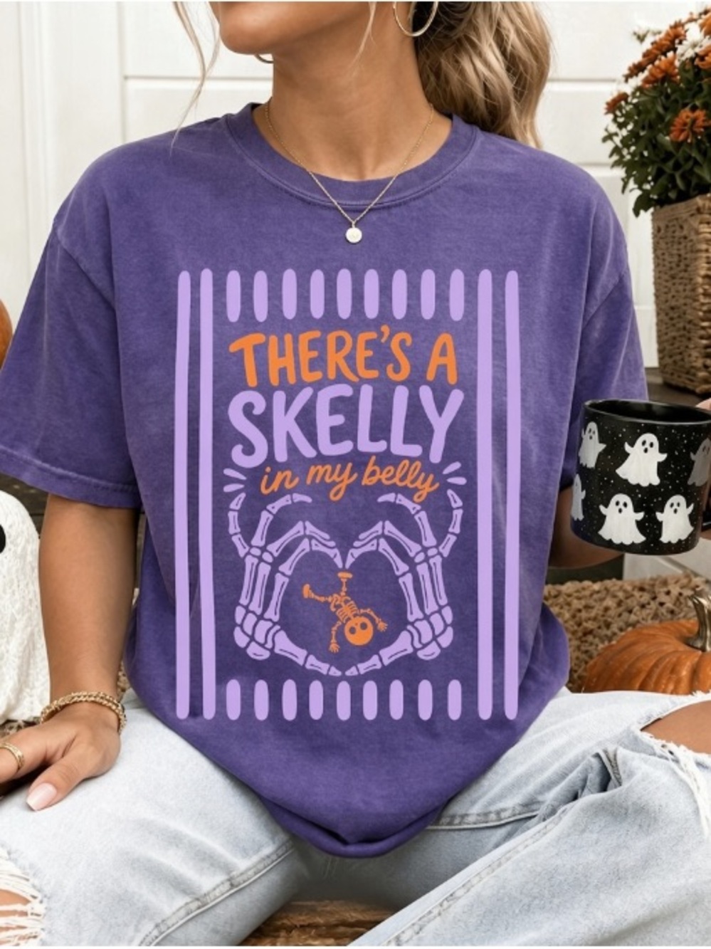 Comfort Color There's a Skelly in My Belly Graphic Tee, Skeleton Baby Halloween